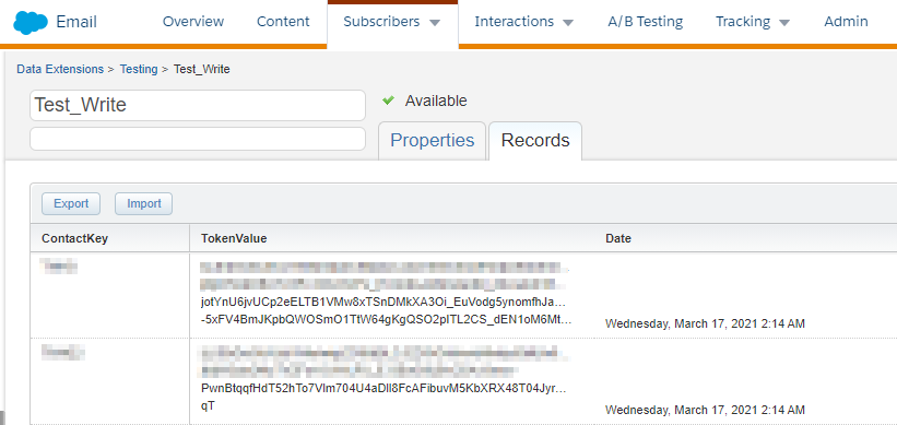 Example filled logging Data Extension